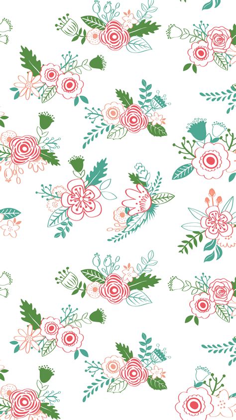 White Mint Green Pink Illustrated Floral Flowers Iphone Wallpaper Phone