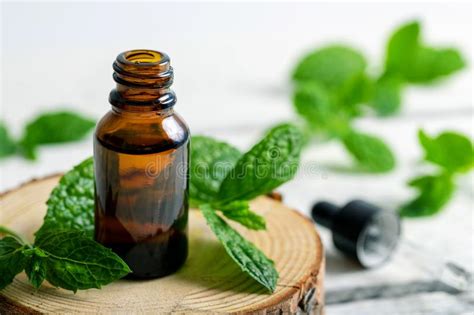 Mint Essential Oil Bottle With Green Leaf On Wooden Pad Stock Image