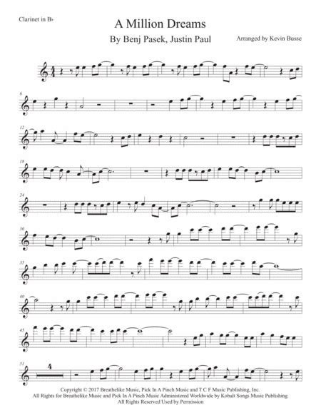 A Million Dreams Easy Key Of C Clarinet Music Sheet Download