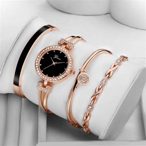 4 Pieces Set Luxury Rose Gold Diamond Women Bracelet Watch Gagodeal