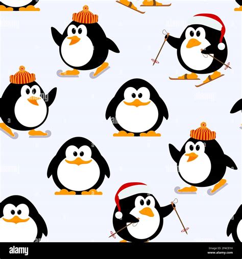 Vector Seamless Pattern With Young Penguins Playing Penguins Skating