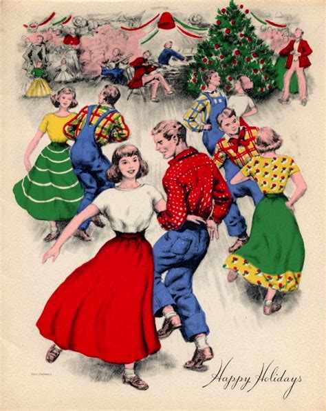 Vintage Square Dancing Themed Christmas Greeting Card Unsigned 1940s