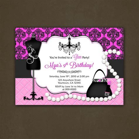 glamour fashionista birthday party invitation printable file