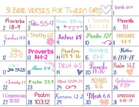 31 Days Of Bible Verses For Tweens Printable Calendar