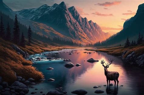 Breathtaking Mountain Landscape At Sunset With A Deer Standing In A