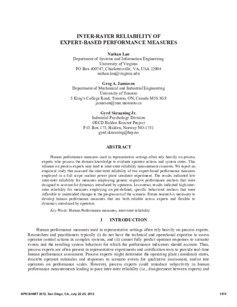 Pdf Inter Rater Reliability Of Expert Based Performance Measures