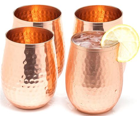 Copper Wine Glasses Set Of 4 16oz Gleaming 100 Solid Hammered Copper Stemless Wine Tumbler A