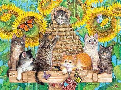Kittens And Bees Art Butterflies Sunflowers Cats Hd Wallpaper Peakpx