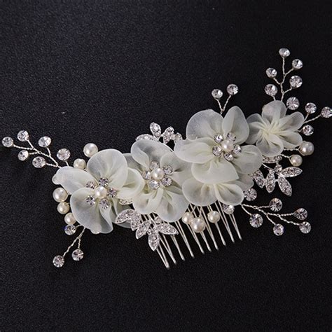 White Flower Bridal Hair Comb Wedding Pearl Headpiece Bride Crystal