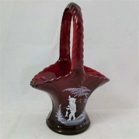 Vintage Westmoreland Ruby Red Glass Basket Mary Gregory Style Boy
