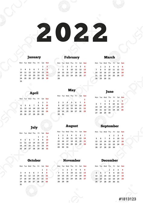Calendar On 2022 Year With Week Starting From Monday A4 Stock Vector