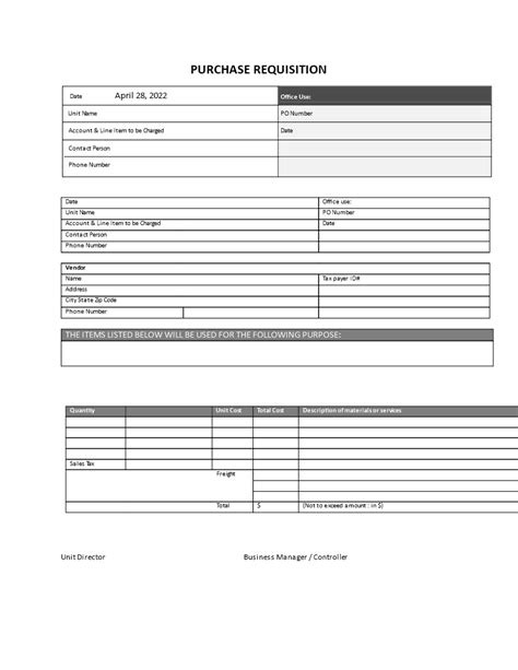 Purchase Requisition Form Printable