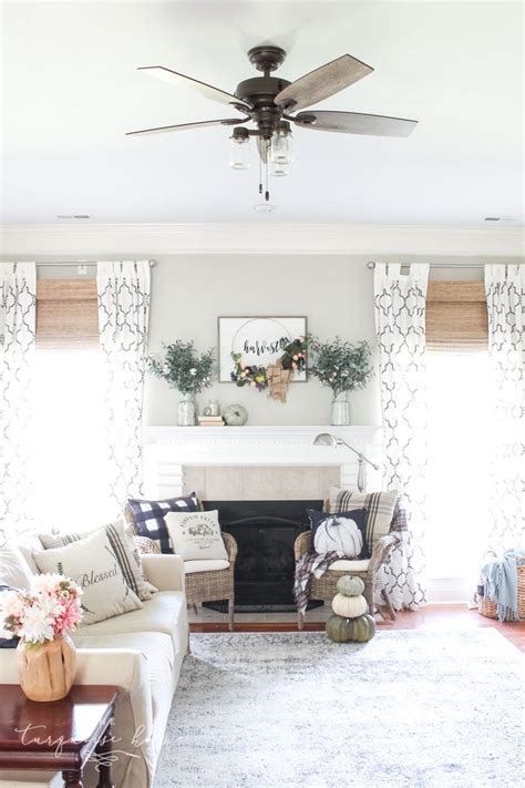 From the ceiling, it depends on how high yours are. Farmhouse Ceiling Fans We Love! | The Turquoise Home