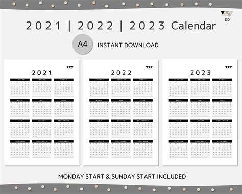 2021 2022 And 2023 Printable Calendar Calendars And Planners Year At A Glance Yearly Calendar