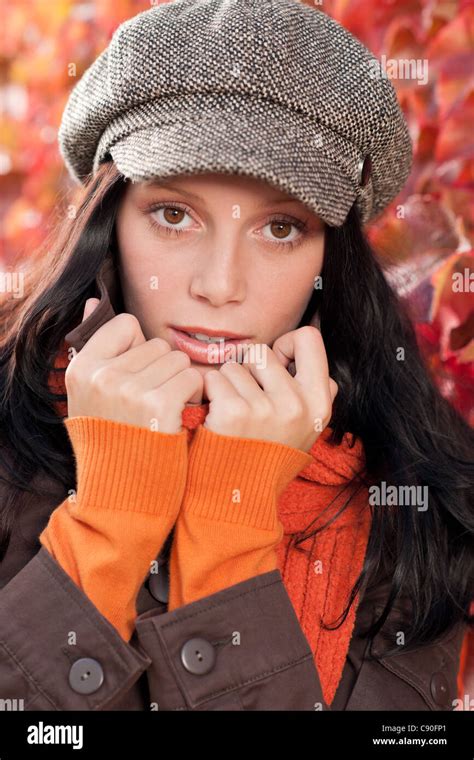 Autumn Portrait Of Beautiful Female Model Posing Face Close Up Stock