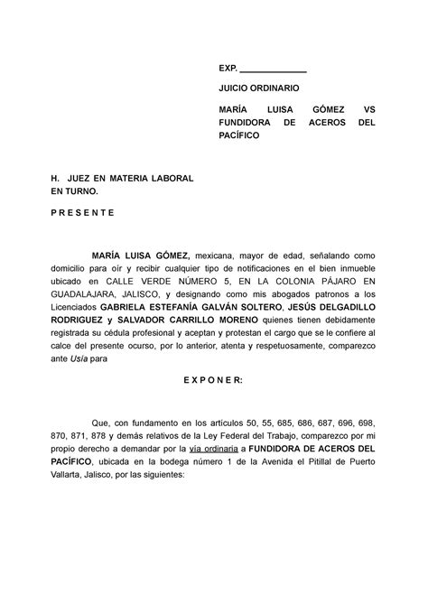 Ejemplo Demanda Laboral Nuevo Sistema Exp Juicio Ordinario Mar A Luisa G Mez