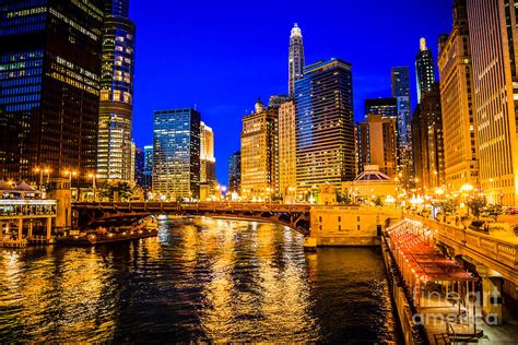 Chicago River Buildings At Night Picture Photograph By