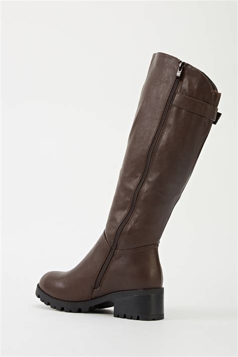 Brown Faux Leather Buckle Knee High Boots Just 7