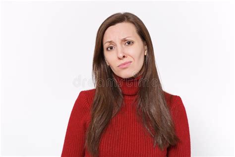 Dissatisfied Upset Young Brunette Woman Girl In Casual Red Clothes Posing Isolated On White
