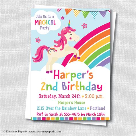 Rainbow Unicorn Birthday Party Invitation Unicorn Themed