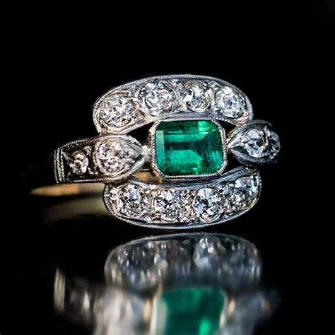 Art Deco Vintage Emerald Diamond Engagement Ring Antique