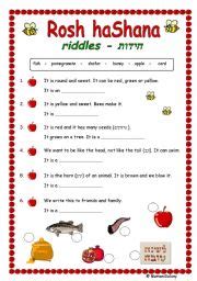 Happy new year wishes all the boys and girls and the gifts he gives to us there they are, in a bag stand. Jewish New Year riddles - ESL worksheet by MarionG