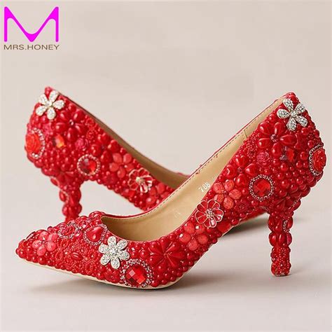 Red Wedding Shoes Pointed Toe Formal Dress Shoes Pearl Rhinestone