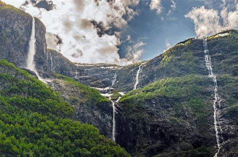 Naeroyfjord Waterfalls Norway Nature Stock Photos Creative Market