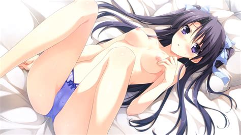 Kokonobi Morikubo Yuna Berry S Game Cg Highres 1girl Bed Bed Sheet Black Hair Blue Eyes