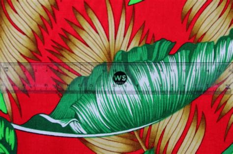 Greens And Tans Palm Leaves On Red Rayon Backstreet Bargains