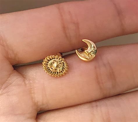 Moon And Sun Stud Earrings Celestial Jewery 14k Gold Plated Etsy