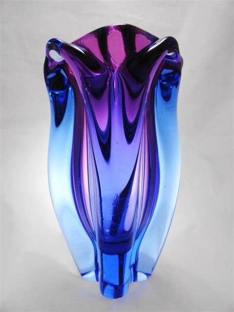 Czech Vintage Glass Vase Wonderful Purple Glass Blue Glass Encased Chribska Vase Designed By