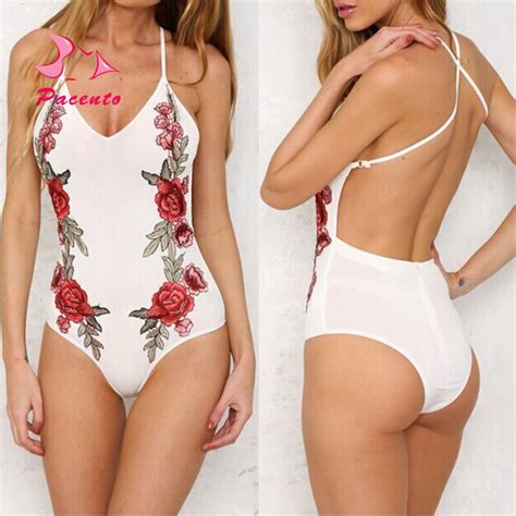 Pacento One Piece Suits Roses Bodysuits Sexy Monokini Swimsuit White