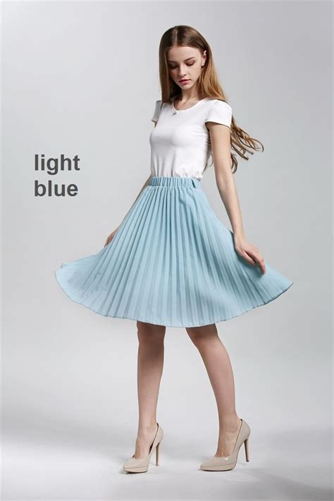 New Light Blue Pleated Elastic Waist Knee Length Women Skirt Spring Summer Blue Pleated Skirt