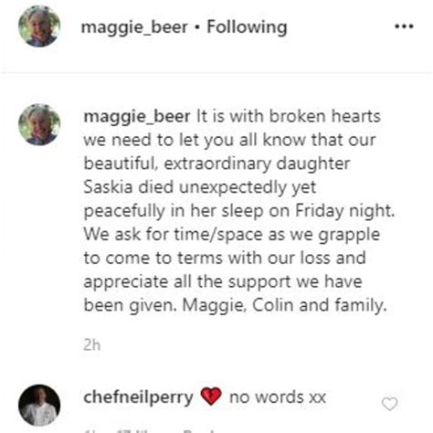 Maggie Beers Daughter Saskia Beer Dies Unexpectedly In Her Sleep The