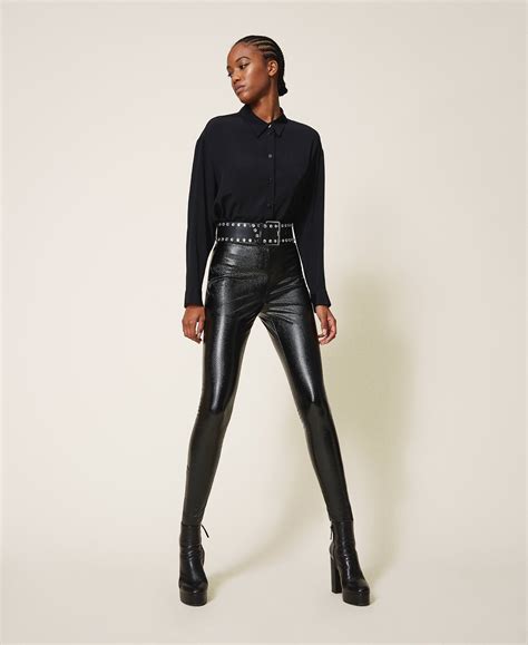 Animal Print Faux Leather Leggings Woman Black Twinset Milano