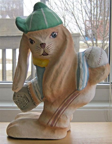 Paper Mache Rabbit Bunny Easter Baseball Player Mitt Cap Holiday Sports
