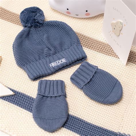 Baby Boy Personalised Bobble Hat And Mittens T Set By Toffee Moon