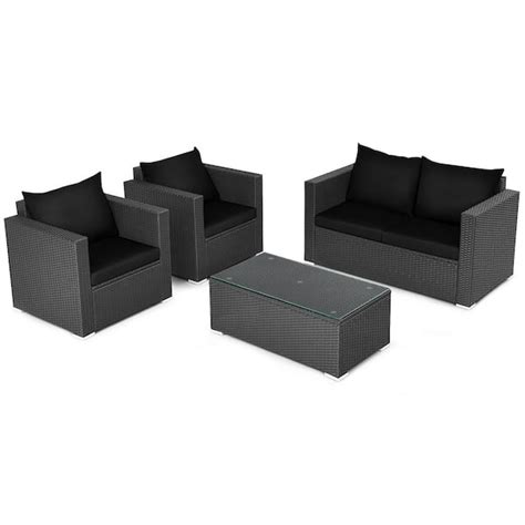 Gymax 4pcs Rattan Patio Conversation Set Outdoor Furniture Set Wblack