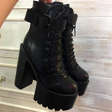 Black Square Heels Platform Boots Ankle Boots Female Lace Up Women