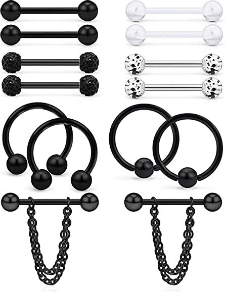 Barbells Jewelry 14pcs Nipple Ring 14g 316l Stainless Steel Tongue Ring Retainer Chain Dangle