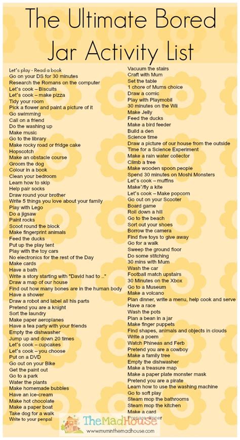 The best thing to do when you are bored alone, especially if you are a boy. Ultimate summer activities lists and bored Jar lists - Mum ...