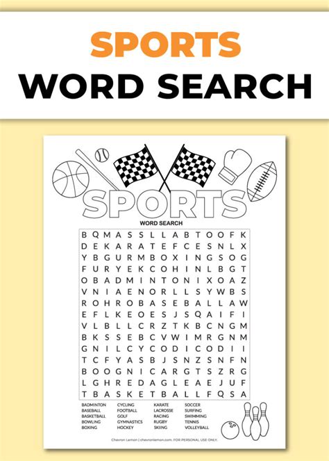 Free Printable Sports Word Search Puzzle Chevron Lemon Printable Word