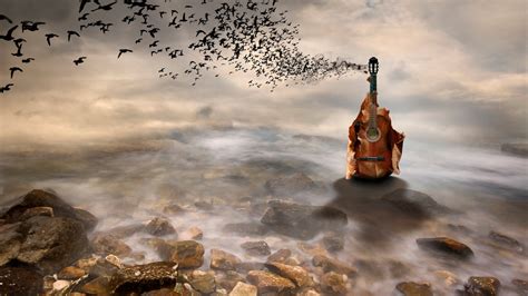 Digital Art Landscape Nature Clouds Stones Water Sea Guitar