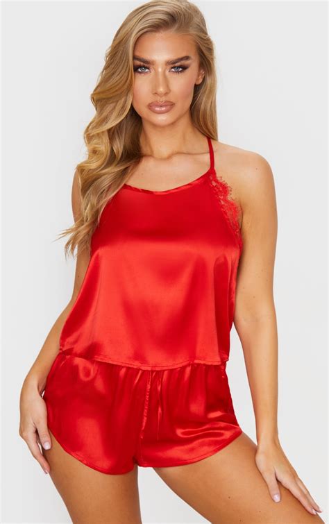Red Lace Back Cami Satin Pj Set Prettylittlething Usa
