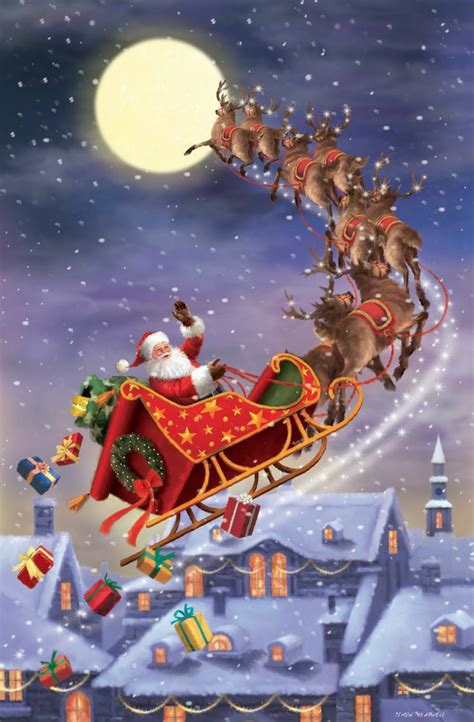 Santa Claus In His Flying Sleigh With His Magical Reindeer In The Night