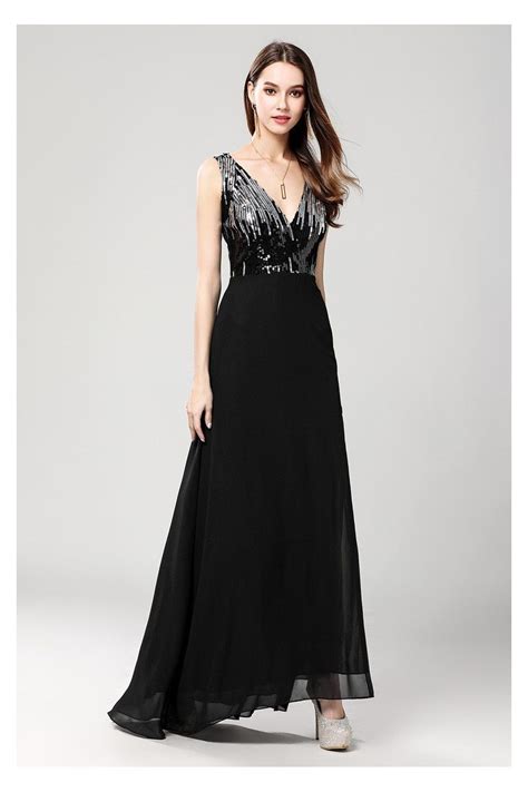 Black Sequin V Neck Long Chiffon Dress With Slit Ck Sheprom Com