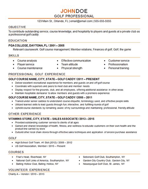 How to write a resume. Golf Professional Resume Example - Caddy - Instructor