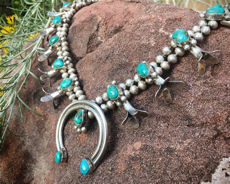 Vintage Sterling Silver Natural Turquoise Squash Blossom Necklace Navajo Native American Indian