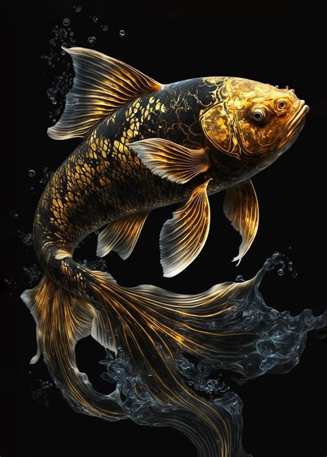 Black And Gold Koi Fish Poster Picture Metal Print Paint By